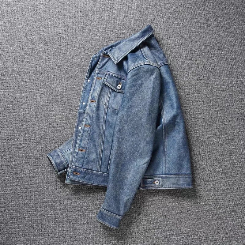 Men's Motorcycle Leather Jacket Light Blue Ami Khaki Retro Graphite Distressed Denim Genuine Leather Jacket Slim Short Jacket 97 S54091f419d0849429d5e53219467ec45T