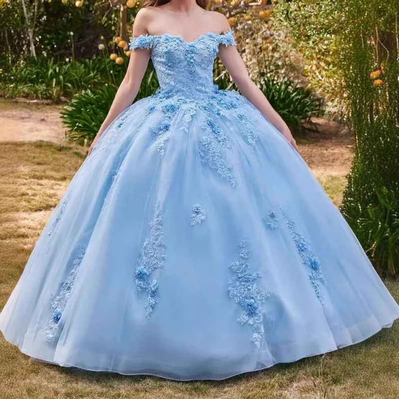 Elegant Sky Blue Sweet 15 Birthday Party Dresses Off Shoulder Floral Ball Gown Vestido De xv Anos Quinceanera Wear Prom Dress 16