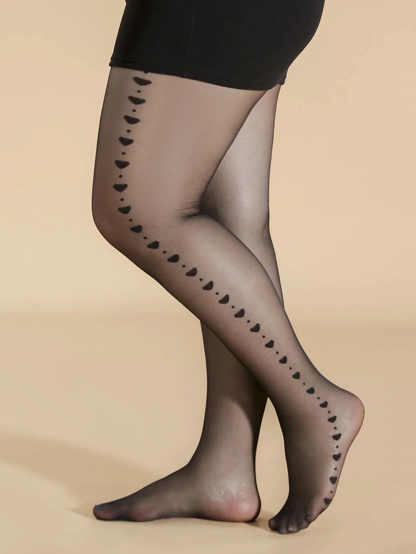 Large Size Transparent Black Casual Stockings, Women\'s Plus Heart Jacquard Side Semi Sheer High Rise Pantyhose