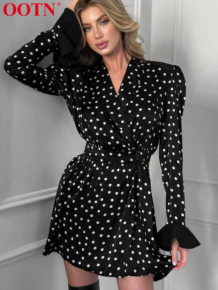 OOTN Polka Dot Dresses Women Casual Long Sleeve V Neck Slim Print Dress Female Elegant Office 2024 Autumn Fashion Party Chic