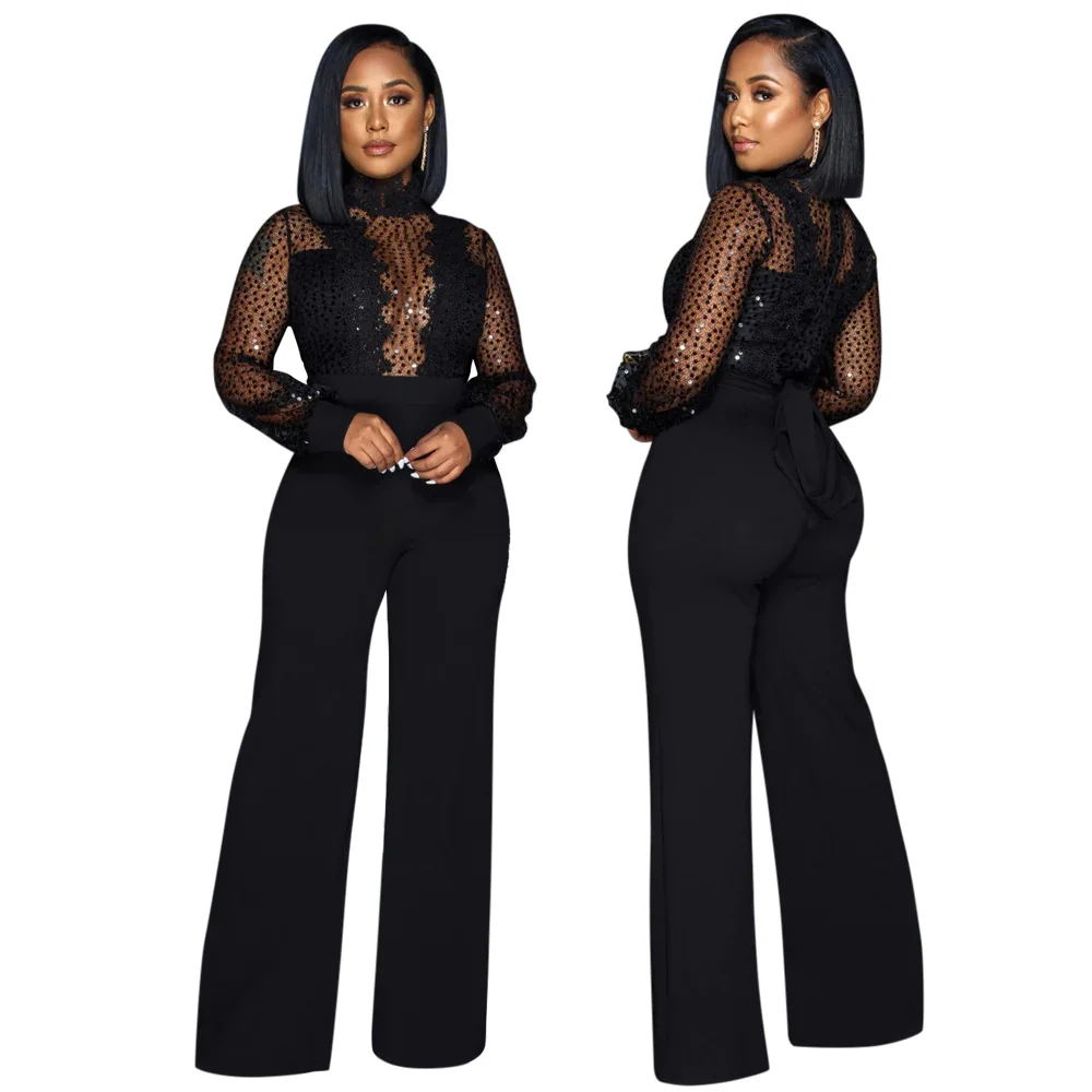 Party style turtleneck sequined lace perspective long-sleeved top loose jumpsuit women