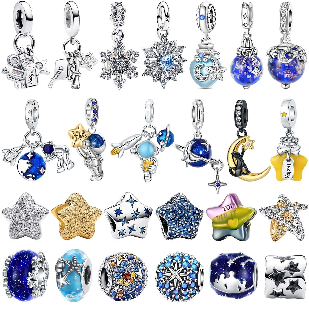 Shining 925 Sterling Silver Star Charms Space Astronaut Starfish Beads Pendant Fit Original Bracelets Necklaces DIY Jewelry Gift