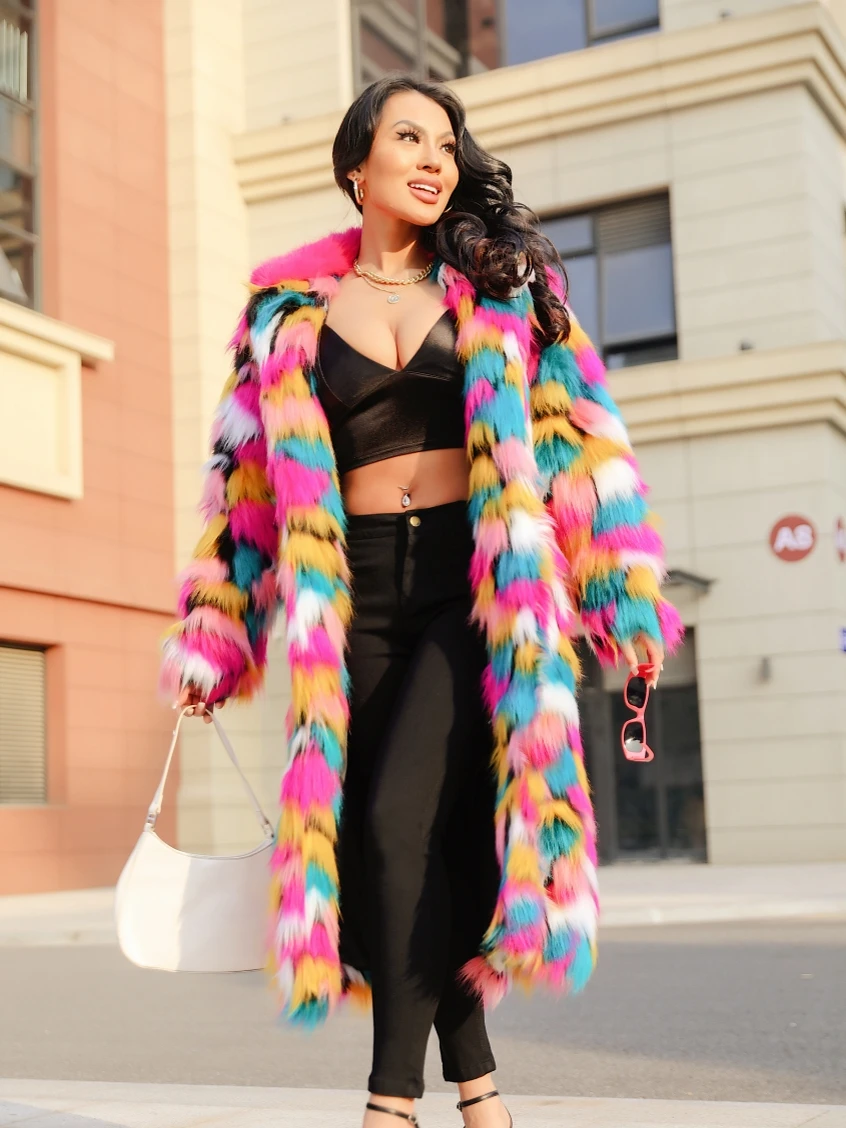 Elegant Directional Faux Fur Coat Fashion Personality Rainbow Long Women'S Artificial Turf Coat