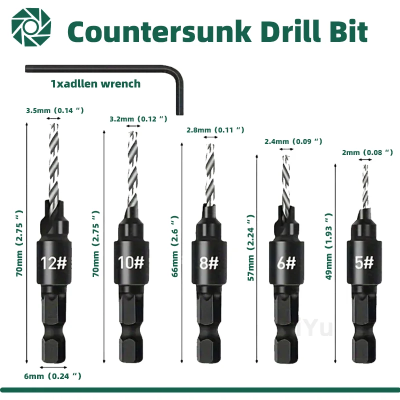 

SIQICNC 5PCS Woodworking Countersunk Head Drill And Chamfering One Piece Hexagonal Handle Countersunk Fried Dough Twist Drill