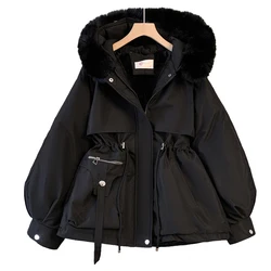 Bomon Korean Autumn/Winter Coat Women's mid-length waist waist hooded large fur collar warm loose pleated cotton jacket