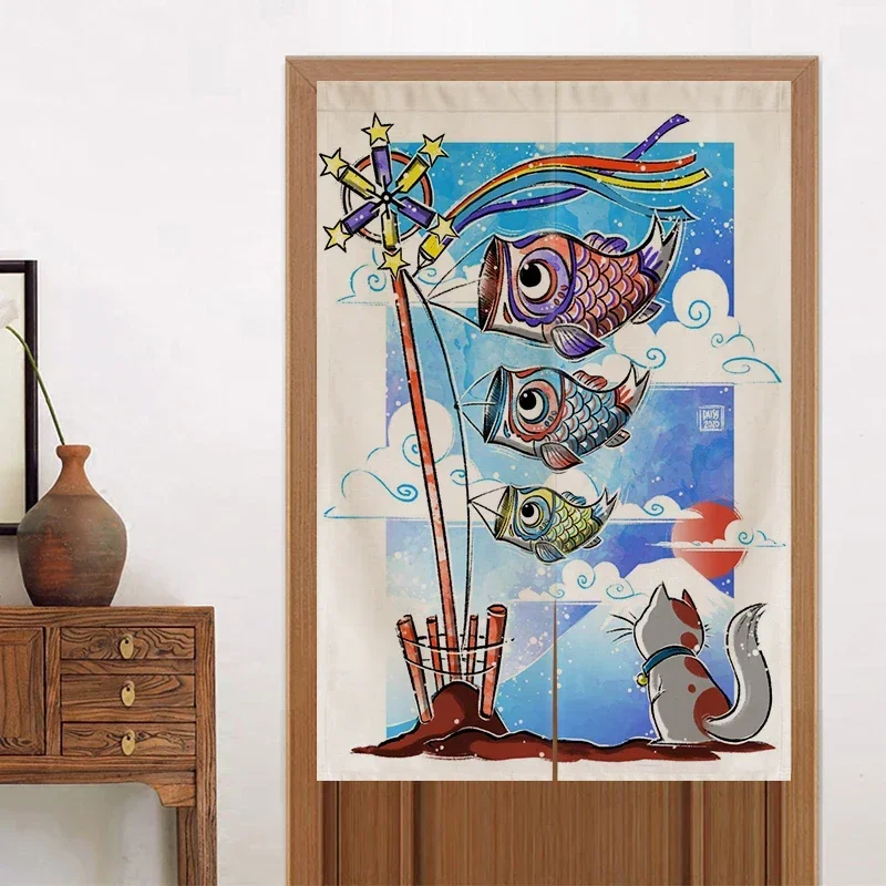 Fish Cat Fabric Door Curtain, Japanese Restaurant, Food Shop, Home Bar Wall Decor Screen