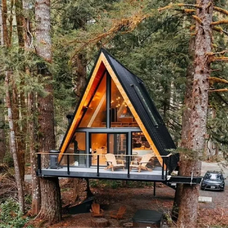 A-Frame House Cabin Modular Prefab Villa Frame Steel Tiny Home Building Portable Cottage Chalet Camping