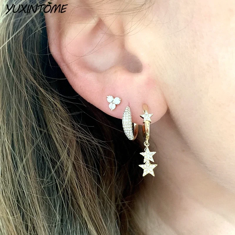 925 Sterling Silver Needle Moon/star Pendant Gold Earrings Trend Small Hoop Earrings for Women Wedding Premium Luxury Jewelry