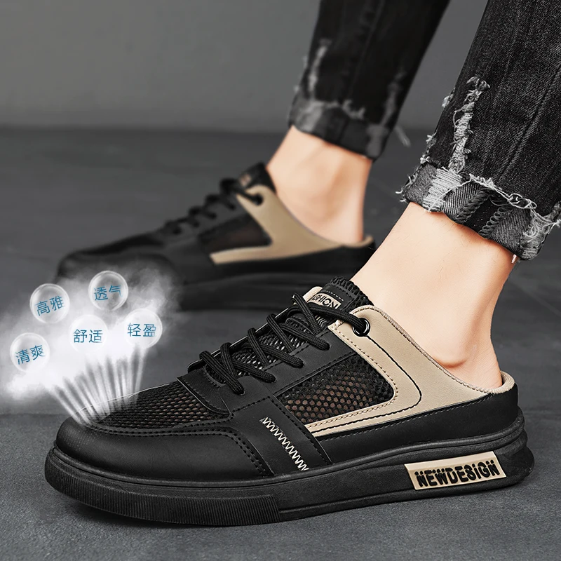Summer Mesh Mules Man Backless Loafers Slipper Half Shoes For Men Slides Sandals Mens Slip On Flats Semi-Drag Casual Board Shoes