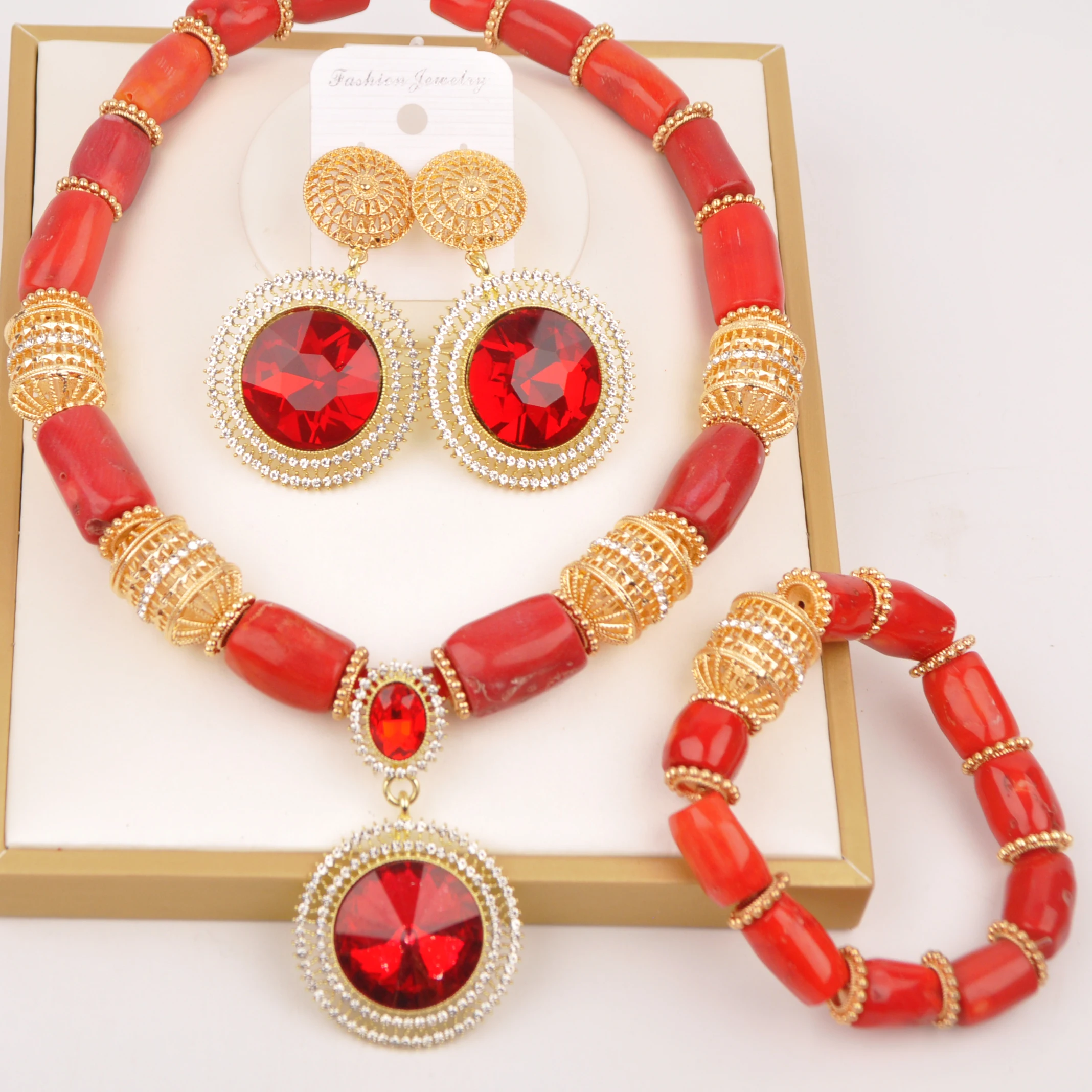 

Natural Nigerian Wedding African Beads Red Coral Jewelry Sets