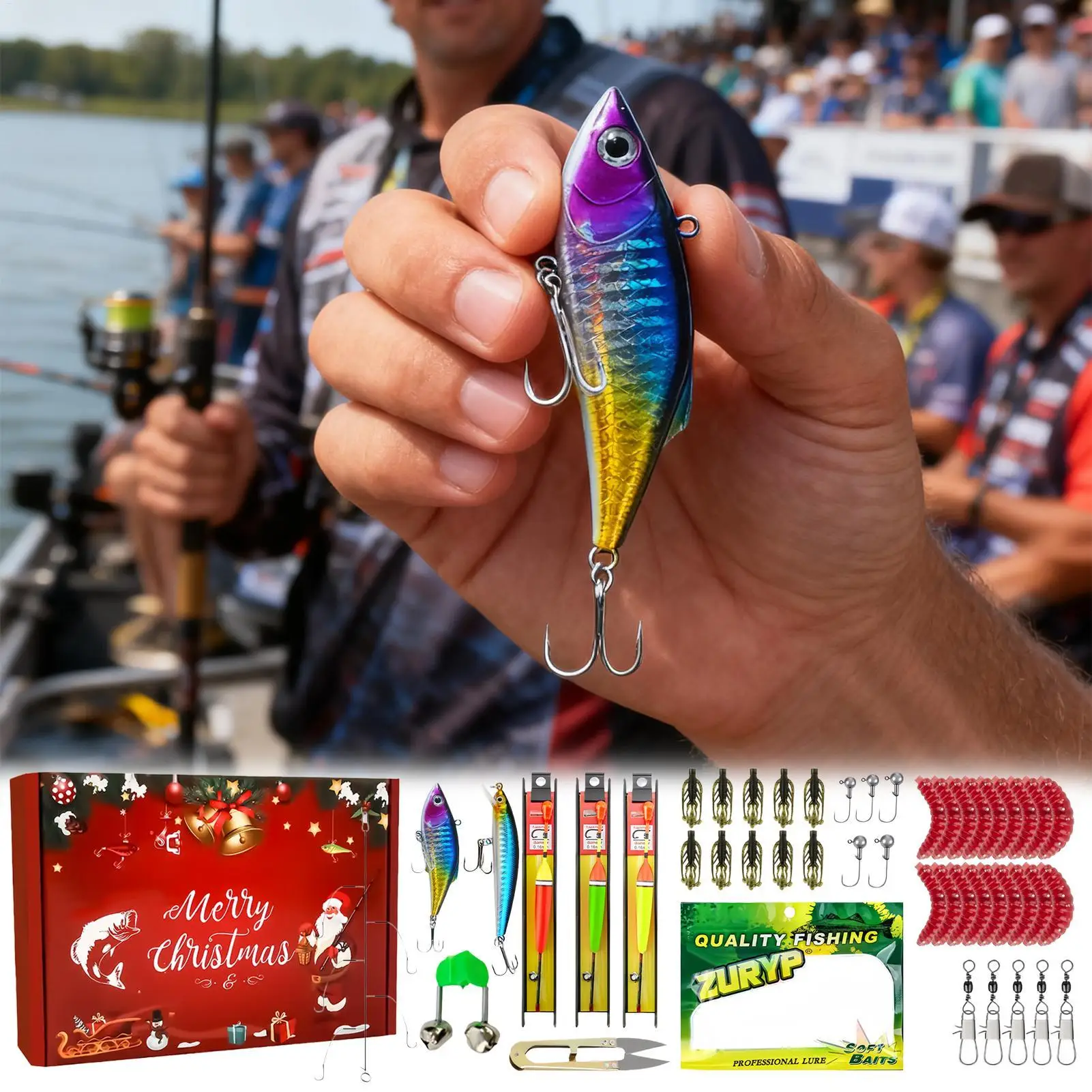 مجموعة طعم الصيد لعيد الميلاد، مجموعة أدوات صيد سمك السلمون المرقط لموسم العطلات، ليلة العائلة، الصباح، التخييم في الهواء الطلق، بحيرة النهر #2