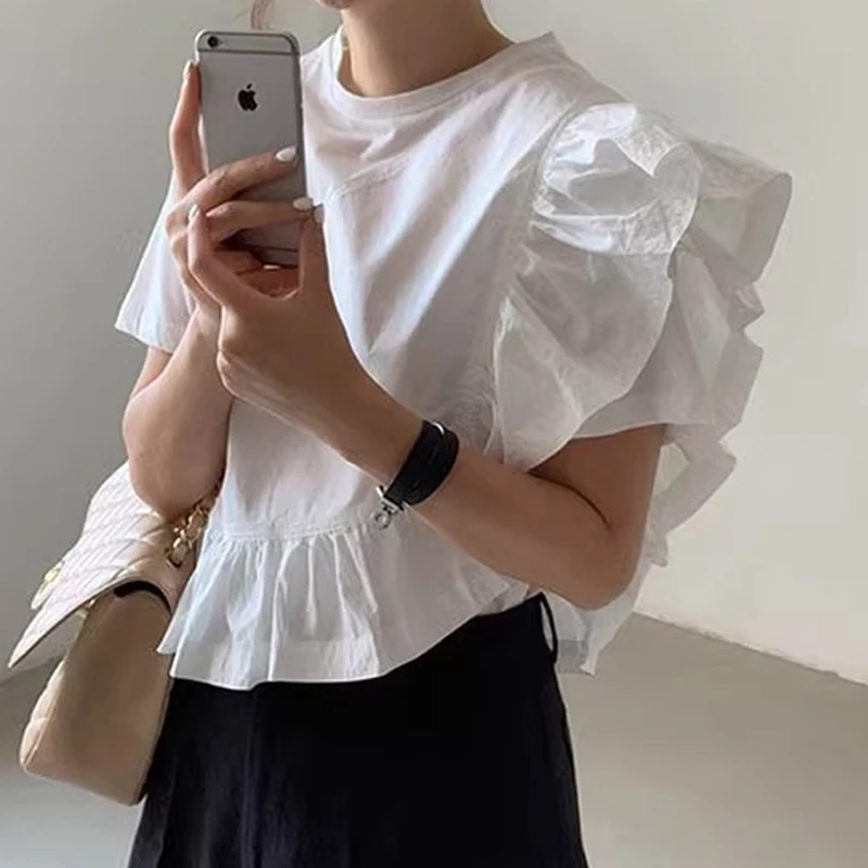 

Irregular Design Ruffle Summer Blouse Women O Neck Korean Fashion Short Shirt Elegant Loose Casual Short Sleeve White Tops 27815