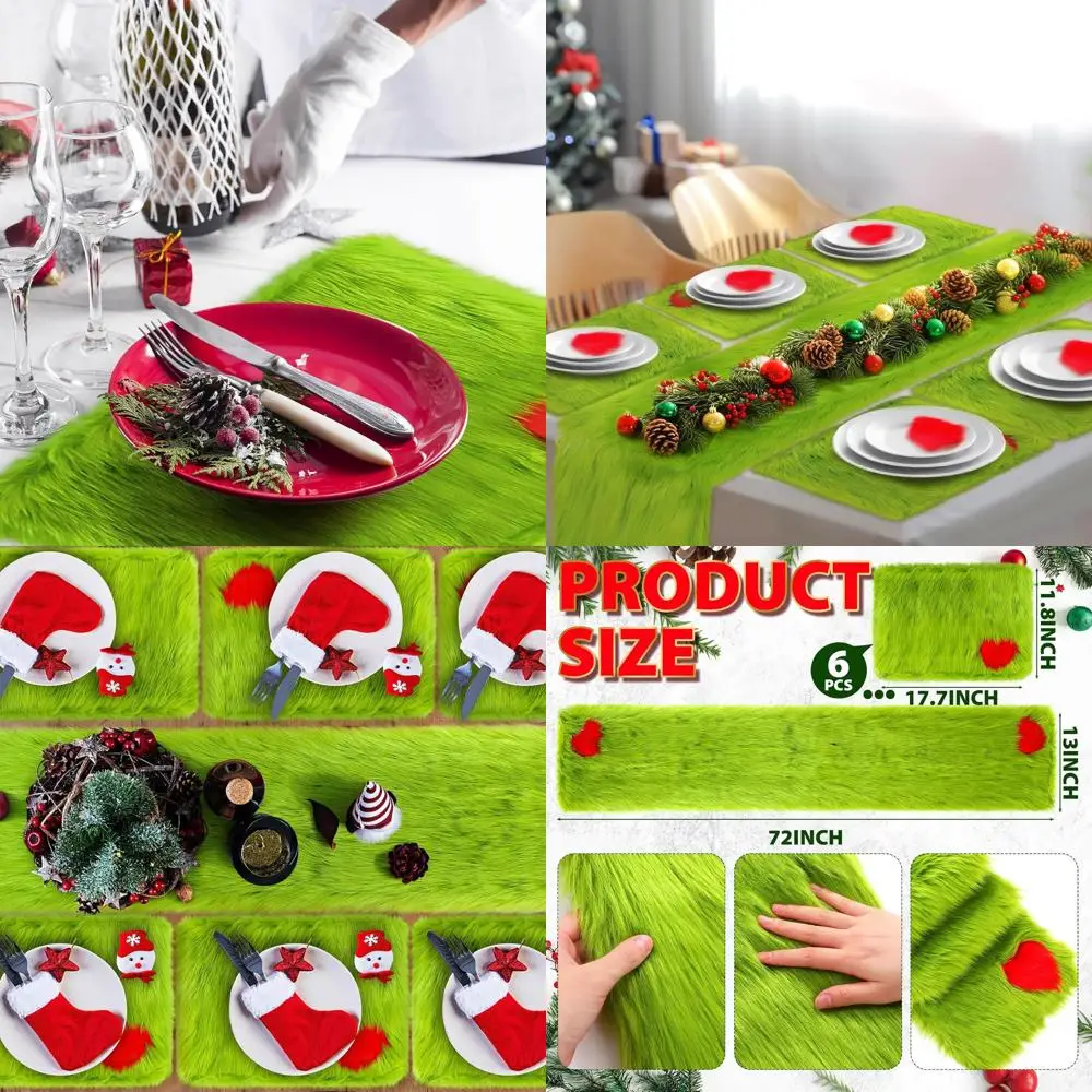 

Lime Green Faux Fur Christmas Table Runner & Placemat Set, 72x13 Inches, Festive Holiday Dining Decor