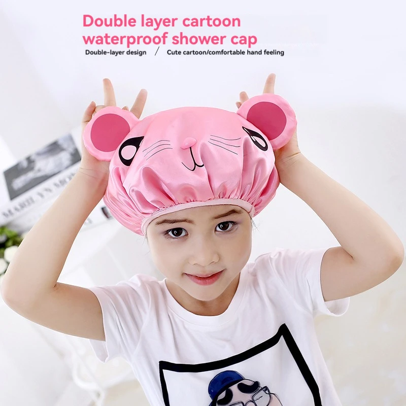 Children\'s Double-layer Shower Cap for Girls, Thickened Waterproof Bathing Cap, Cute Cartoon Baby Shower Hat