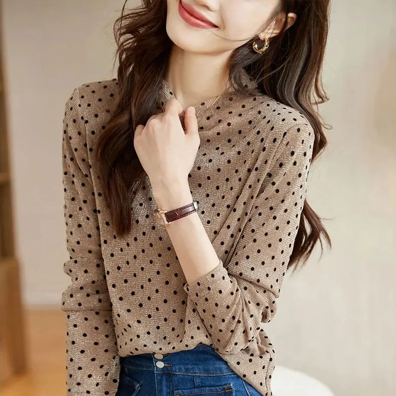 Casual Polka Dot T-shirt Women\'s Clothing Stylish Bright Silk Autumn Winter Long Sleeve Korean Half High Collar Slim Pullovers