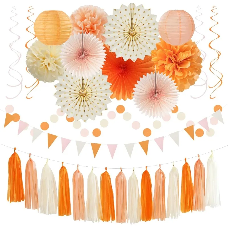 Orange Beige Peach Fall Boho Thanksgiving Party Decorations Autumn Banner Paper Streamers Tassel Garland Tissue Pompoms Lanterns