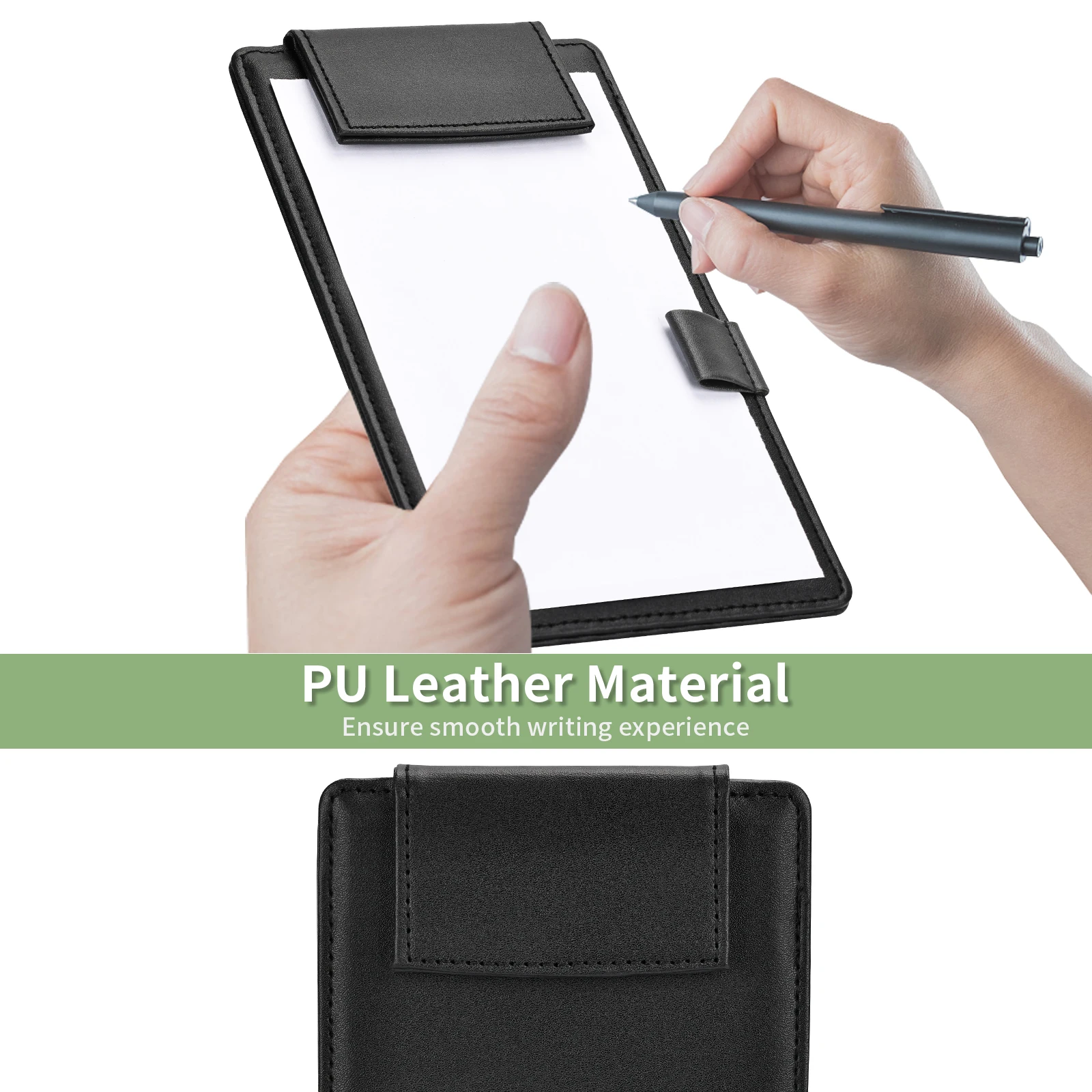 A6 Size Black Clamping Clip board PU Leather Menu Folder Hotel Restaurant Serving Hand-Held Writing Pad With Pen Holder