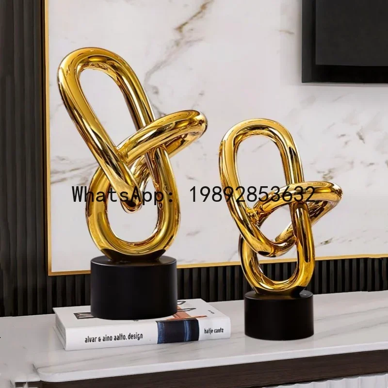 

x17Resin Crafts Golden Rings Chains Geometrically Wound Sculpture Hollow Decorative Figurines Home Decoration Accessories