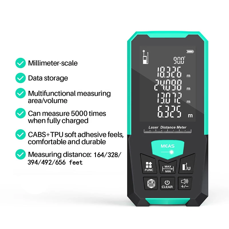 레이저 거리 측정기, 녹색 레이저 소스, 다중 측정 모드, M/FT/IN 단위 전환, 배터리 없음, 5가지 범위 옵션