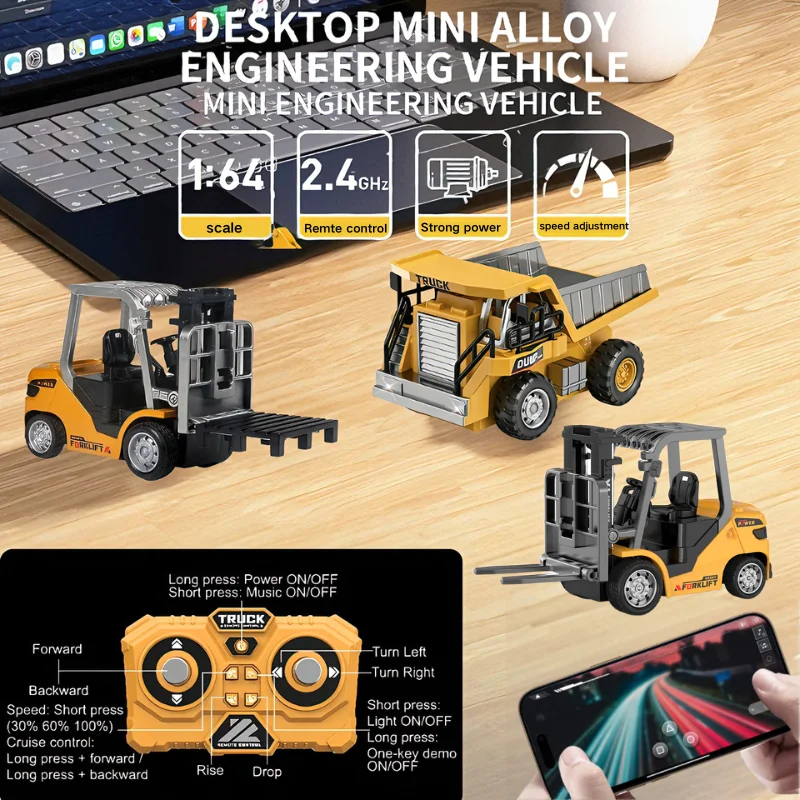 1:64 Metal Remote Control Engineering Car Set - Mining Truck Excavator Forklift Heavy-Duty Die-Cast Tabletop Play Display Model