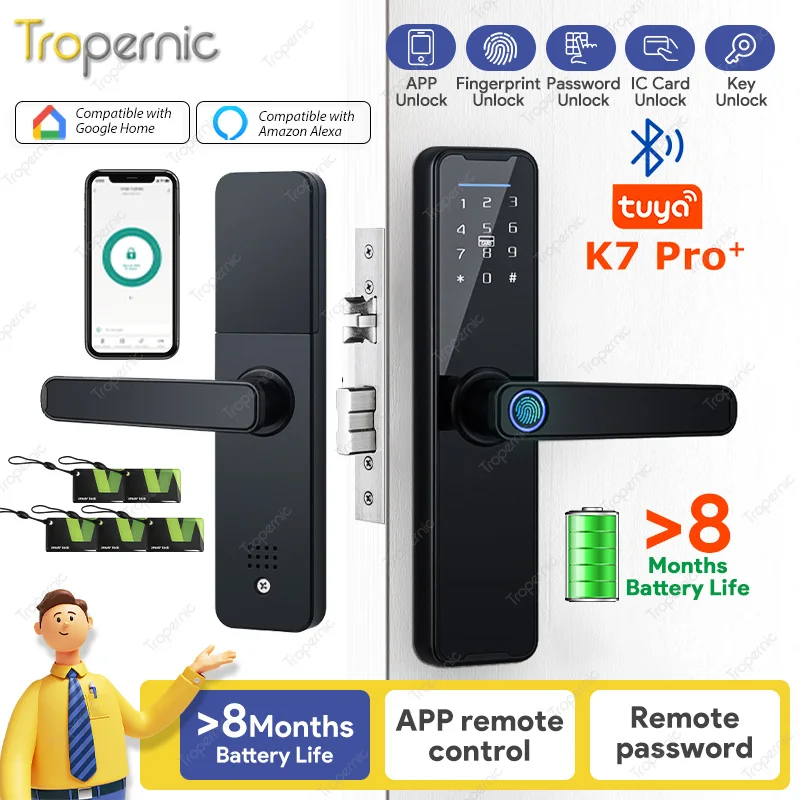 K7 Pro+ Biometric Fingerprint Password Card Door Lock Black Smart Lock Tuya App BlE Remote Unlocking Keyless Lock Electronic