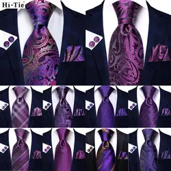 Hi-Tie Purple Paisley Silk Elegent Tie for Men Novelty Design Handky cufflink Tie Set Party Business Wedding Dropshipping