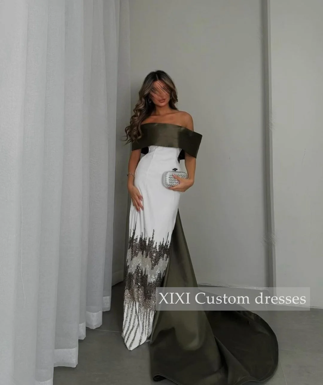 XIXI Evening Dresses Column Off-The-Shoulder Neckline Floor-Length Beadings Zipper Up Short Sleeves Prom Dresses Long Dresses فس