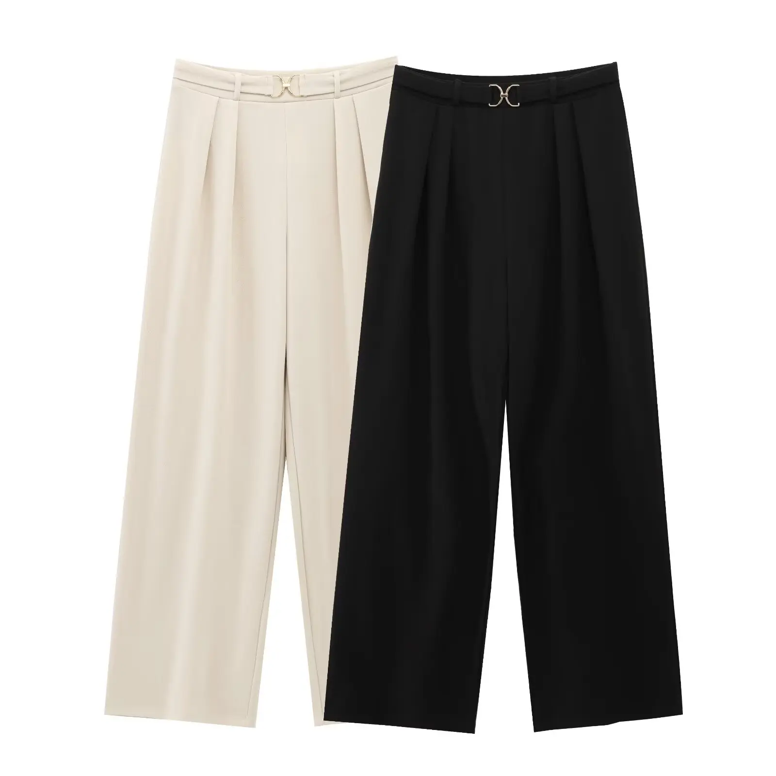 

ZBZA Women High Waist Wide Leg Pants Belt Simple Pleated Solid Color Casual Loose Straight Pants Spring Summer New Chic Trousers
