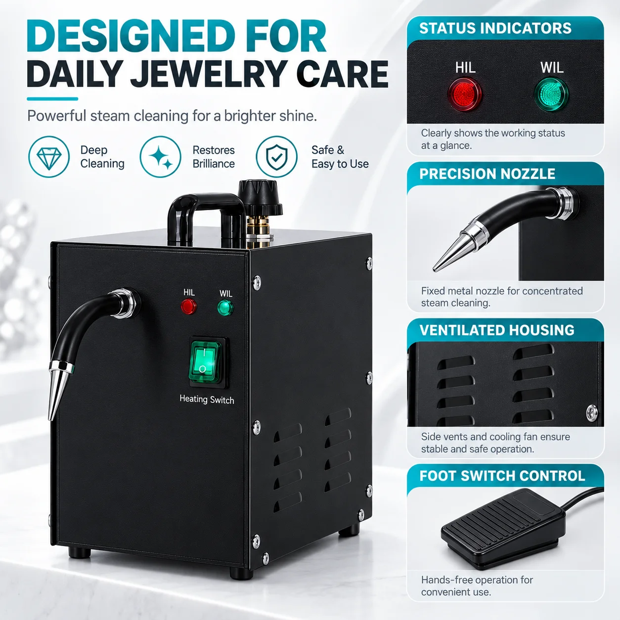 2L 1300W Jewelry Steam Cleaner 4 Bar High Pressure Cleaning Machine for Gold Silver Rings Jewelry Repair