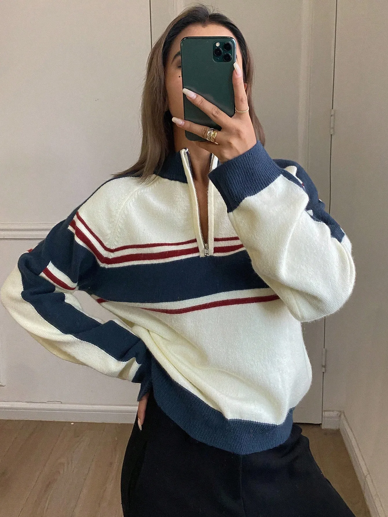 

Женский свободный свитер DAZY на молнии до середины груди в полоску, повседневный вязаный пуловер для осени и зимы