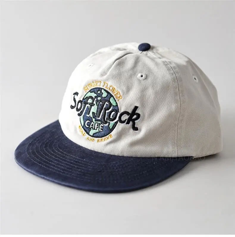 Retro Heavy Embroidered Letter Baseball Cap Color Block Brim Soft Crown Flat Brim Hat Unisex Adjustable Patchwork Streetwear Cap