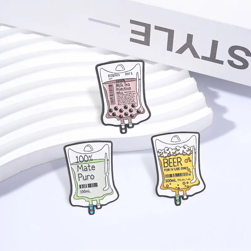 100% Mate Puro Iv Drip Drink Enamel Pin Beer Milk Tea Injection Iv Bag Medical Design Brooch Lapel Hat Badge Funny Jewelry Gifts view 3