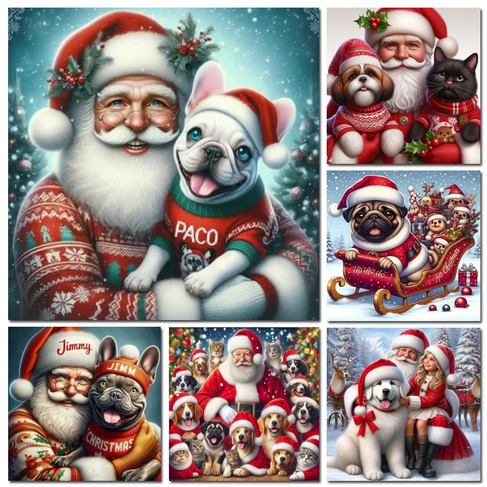 Diamond Art Painting Merry Christmas Santa Clause and Dog Diy Cross Stitch Embroidery Kit Mosaic Cartoon Animals Cat Home Decor