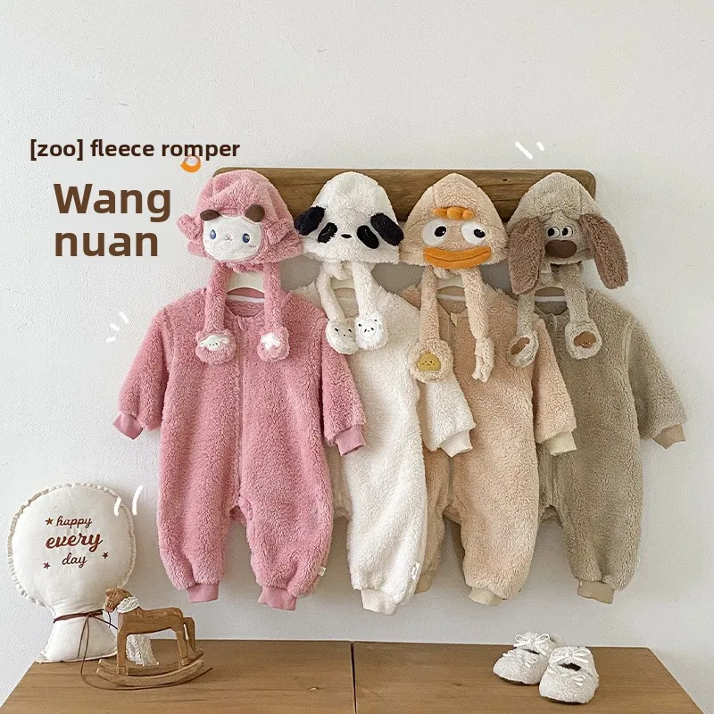 Baby Super Cute Jumpsuit 2025 New Winter Baby Cartoon Hat Solid Color Fur Crawling Clothes Newborn Clothes