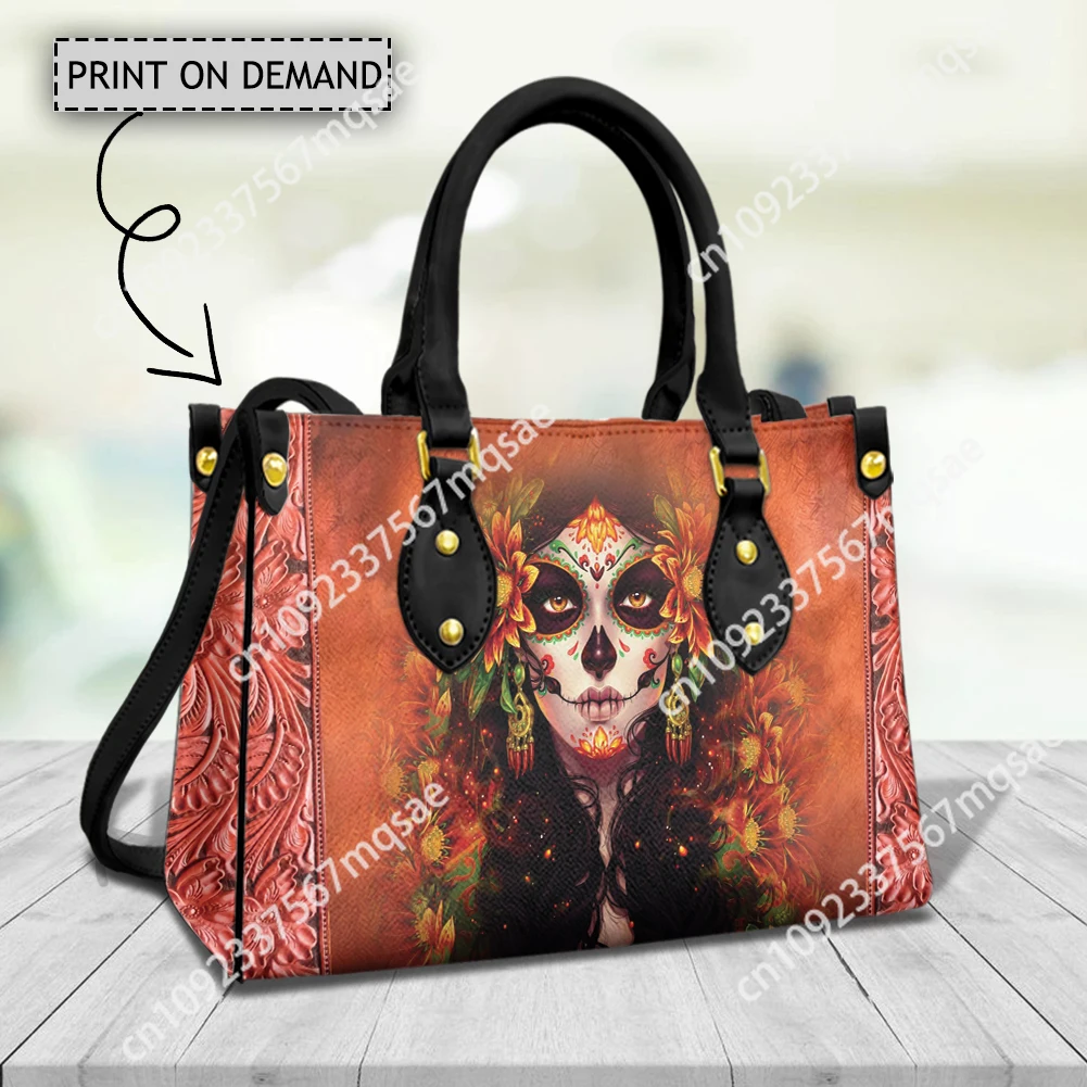 

Day Of The Dead Pattern Leather Handbag Women Gothic Sugar Skull Printed Top-handle Bags Fashion Leather Shoulder Sac For Ladies