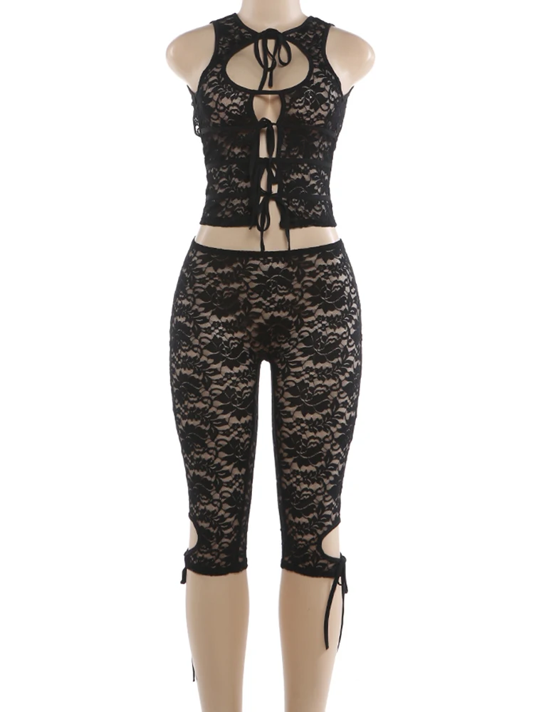 Whatiwear Mode Jacquard 2-delige set Vrouwen Sexy Hollow Bandage Tank Tops + Skinny Perzik Hip Shorts Midnight Club Party outfits