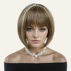 Short Bob Cut Wigs with Bangs Synthetic Straight Hair Mix Brown Wig for Women Natural Soft Ladies Mommy Daily Cosplay Party Use
