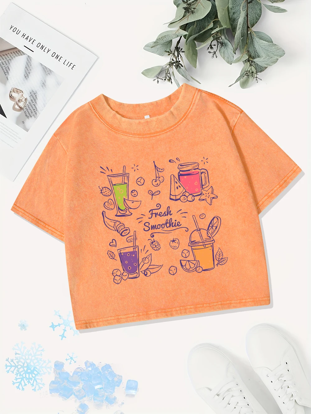 

Повседневные хлопковые укороченные топы, женские свежие смузи с принтами, стираные футболки, летние футболки с круглым вырезом, стандартная уличная одежда, уличная женская одежда