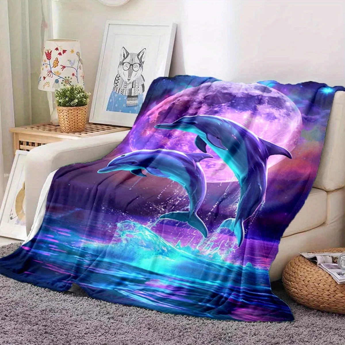 Cozy Flanel Leaping Dolphin Design Blanket, Comfortable Blanket, Couch Office, Suitable for Gift