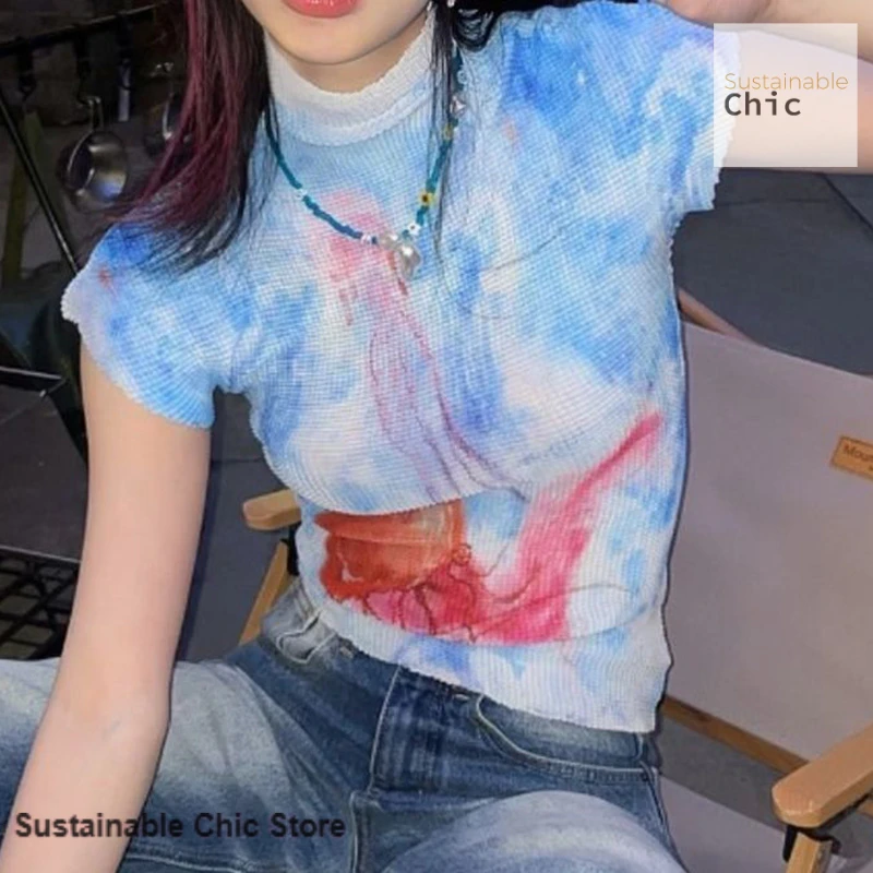 French design fashion slim pattern short-sleeved T-shirt women's summer new high-grade semi-high collar halo dyed clothes