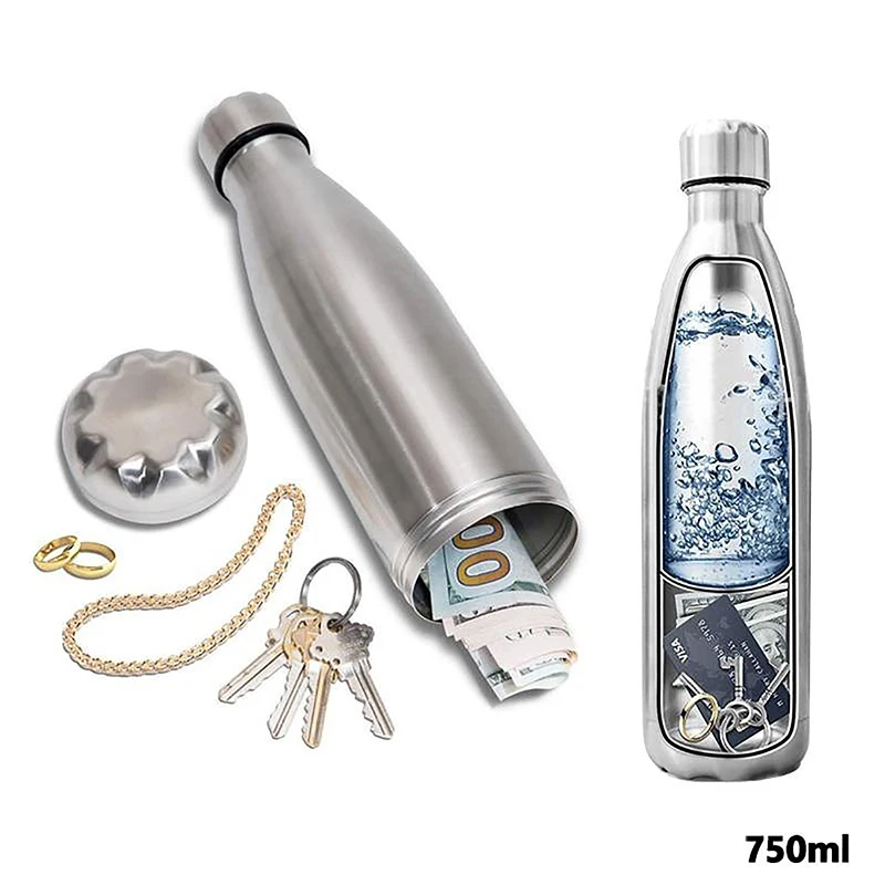 Secret Safe Steel Water Bottle; Covert Compartment for Cash, Card, Keys Storage
