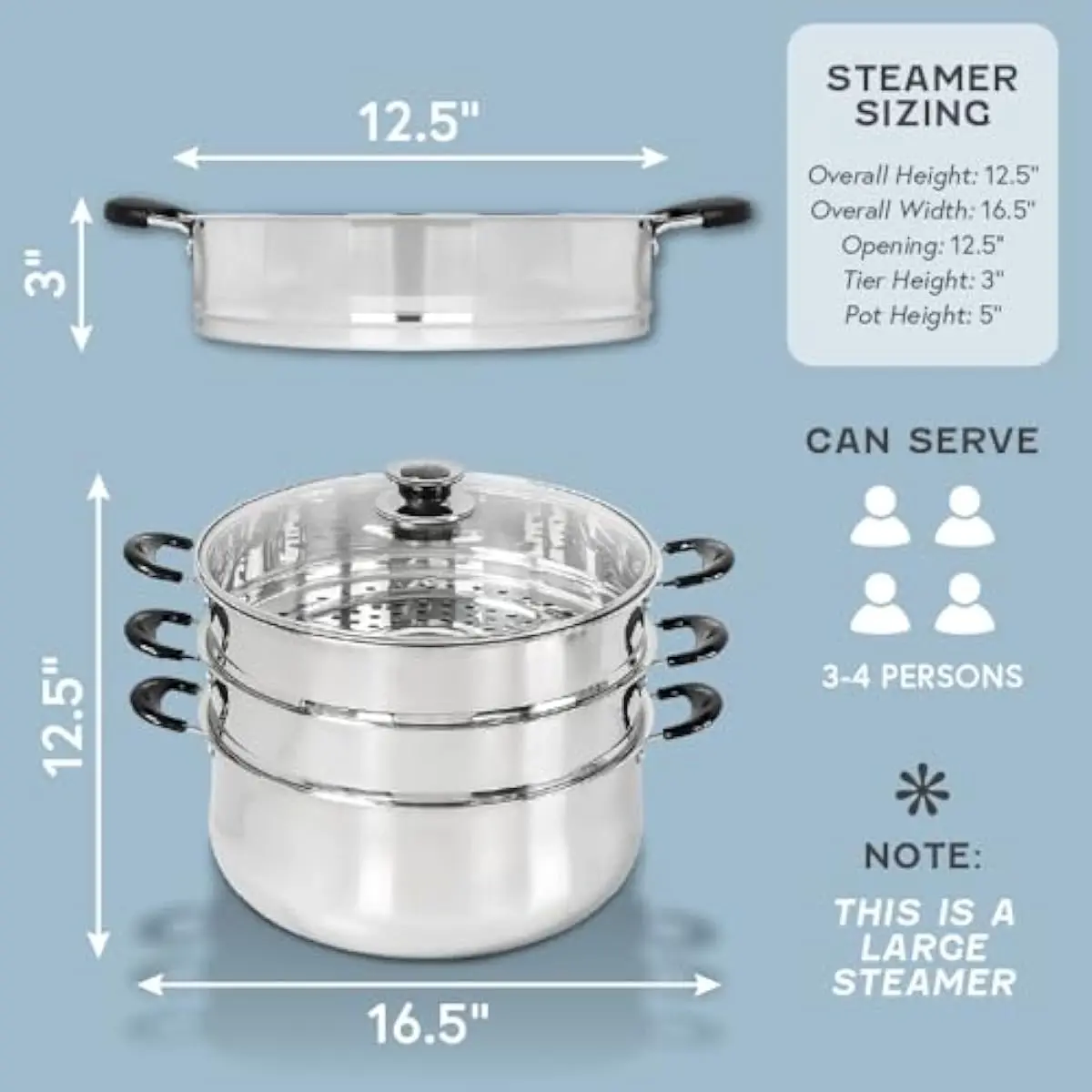 30 cm triple-layer stainless steel multi-level steaming pot with two removable perforated baskets for rice or vegetables ideal f