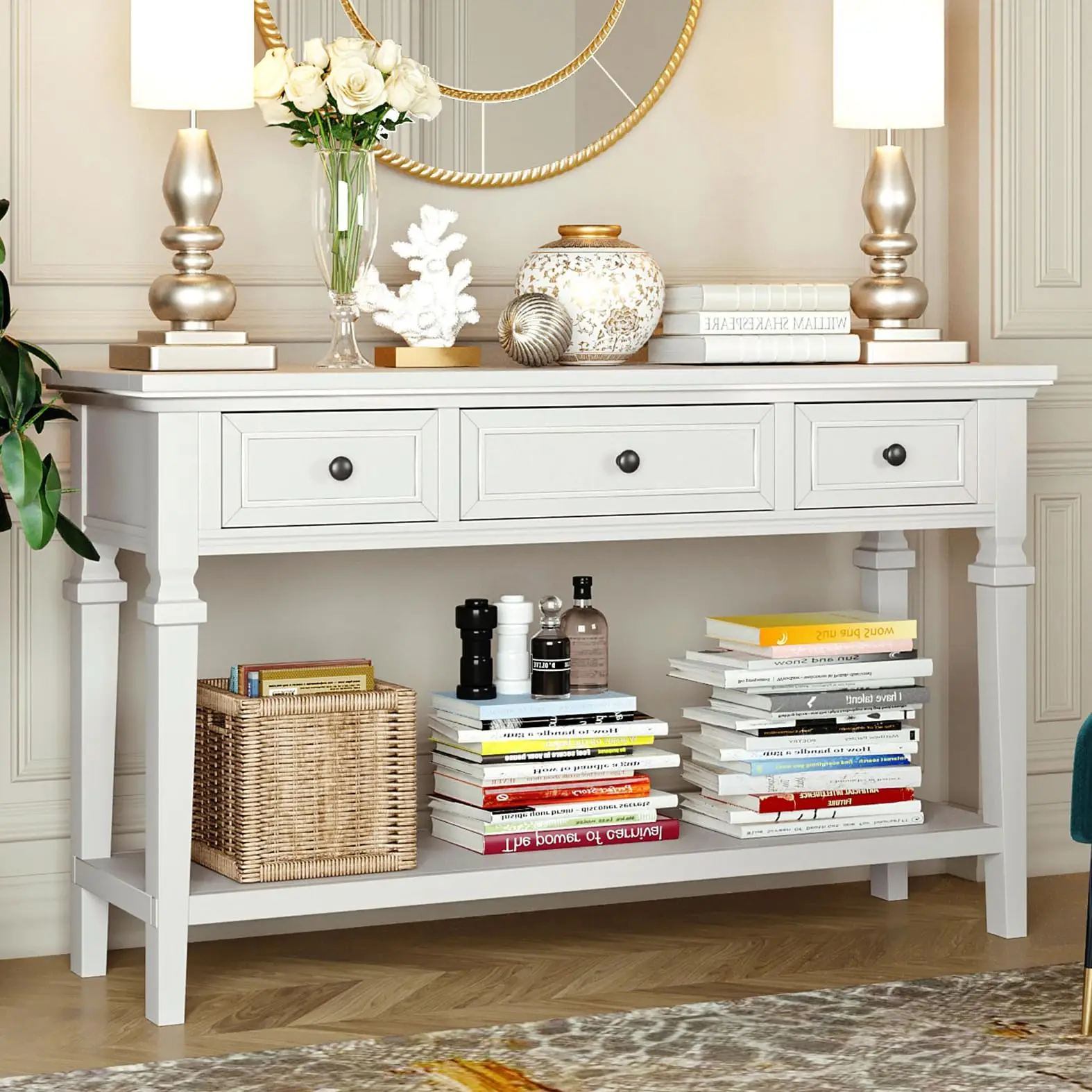 Classic 50in Long Sofa Console Table with 3 Storage Drawers and Bottom Open Shelf, 220lbs Weight Capacity, Antique White
