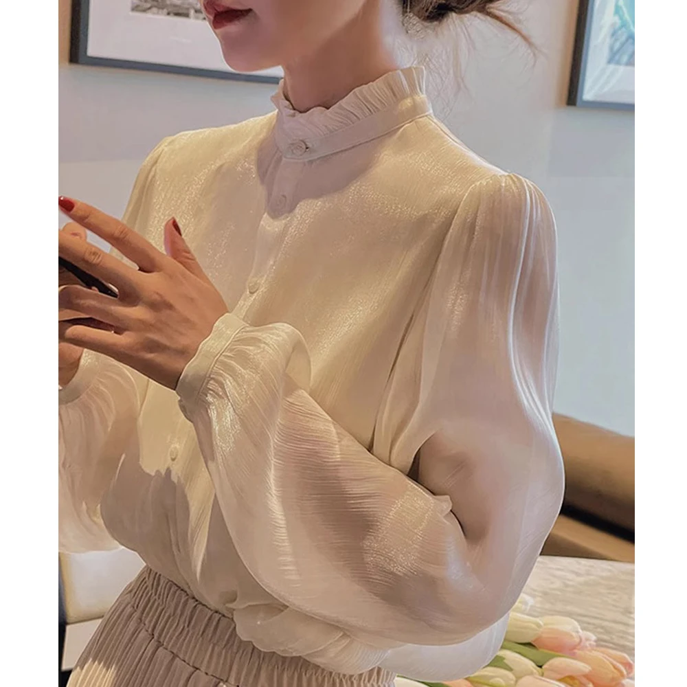 European Station Long sleeved Shirt Women's Spring and Autumn New High end Light Luxury Fashion French Loose Standing Neck Top