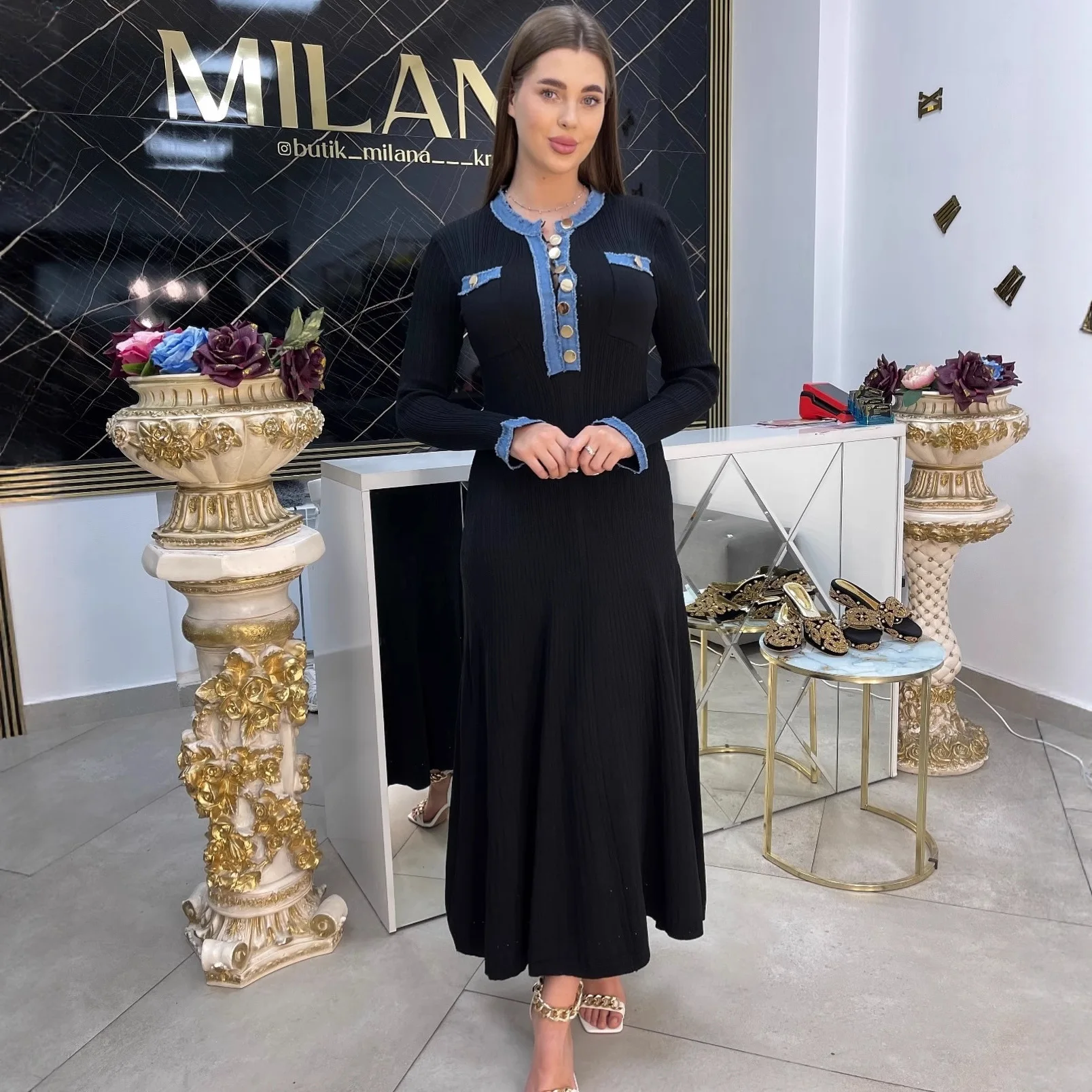 

Новое женское облегающее джинсовое платье А-силуэта с высокой талией в британском стиле, простое трикотажное платье с круглым вырезом и длинными рукавами, весна-осень