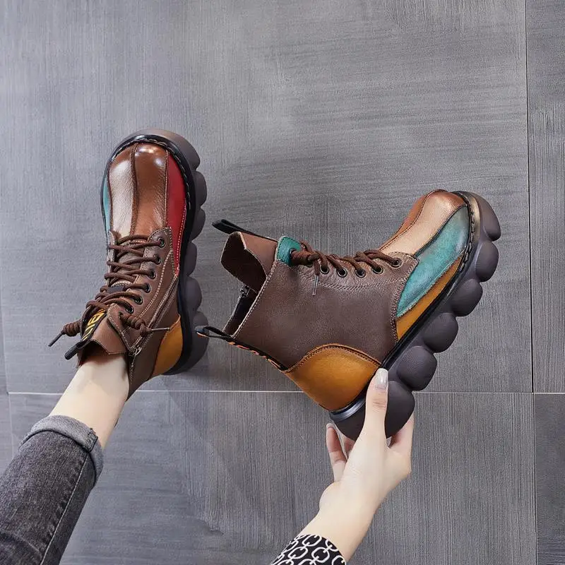 New Autumn Boots Women Mixed Colors Shoes Fashion Round Toe Lace Up Casual Thick-soled Ladies Flat Platform Short Boots