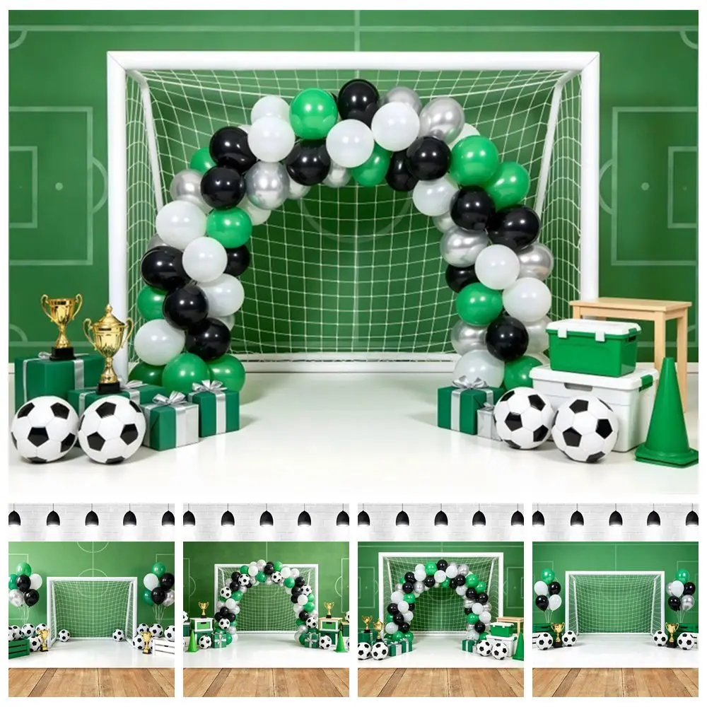 Fußball-Themen-Hintergrund, grüne Luftballons, Fußball-Trophäe, Fußballtor, Netz, Babyparty, Kindergeburtstag, Party-Dekoration, Fotohintergrund