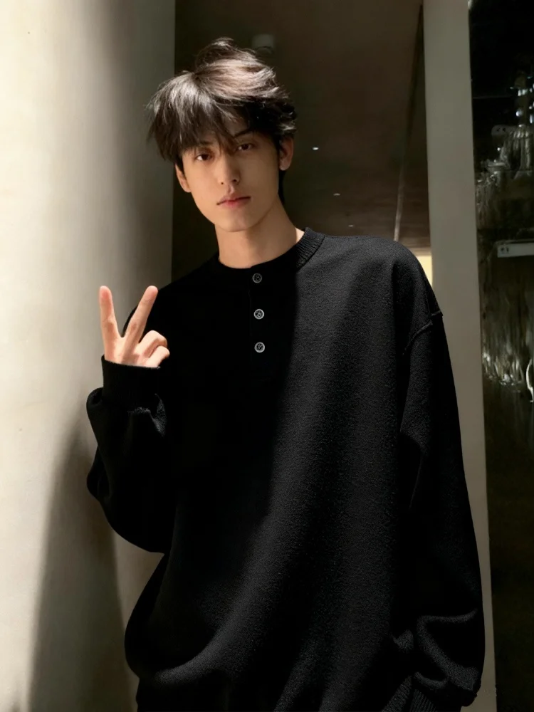 

American Sle Long Sve Henry Collar Knitwear Men's Lazy Sle Cleanfit Base irt High Sensation Bla Knitted Sweater