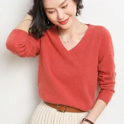 Spring and Autumn New Women's cashmere sweater V-neck versatile Pullover cashmere sweater fashion Korean long sleeve simple casu