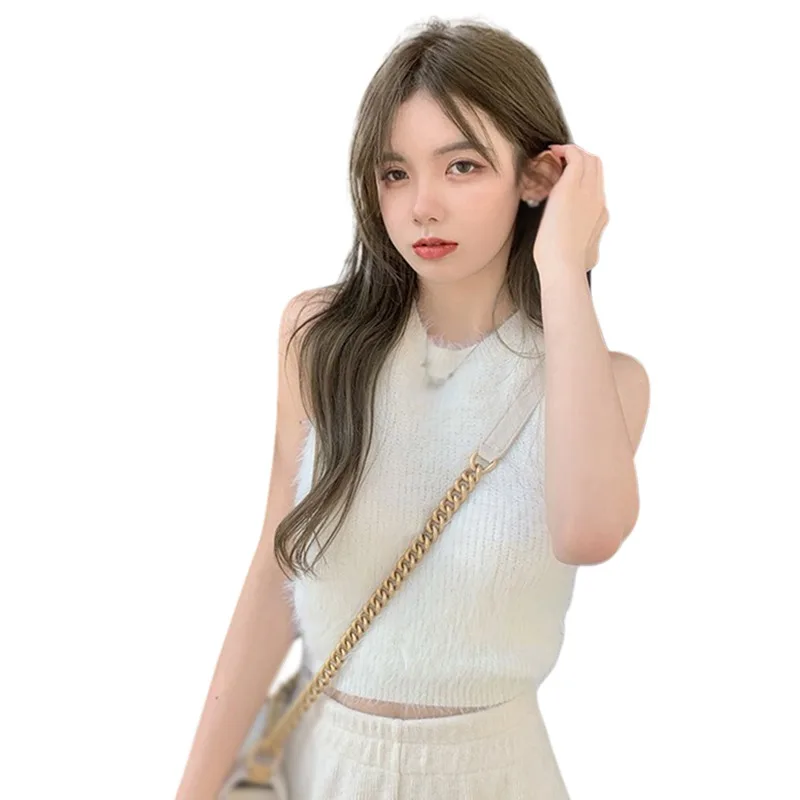 Women's Sleeveless Slim Hairy Tank Top Round Neck Outer Inner Wearable Korea Style Bottoming Crop Top